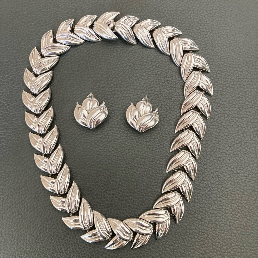 Vintage Silver Leaf Necklace and Clip Earrings Set stamped TAHARA - 15"
